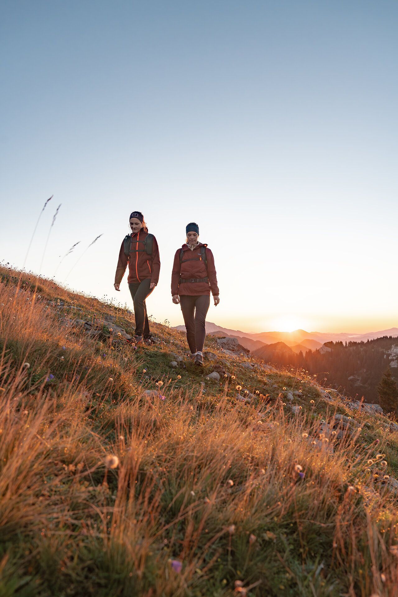 Zwei Wanderer genießen den atemberaubenden Sonnenaufgang über den Ybbstaler Alpen. Die sanften Hügel sind mit bunten Wildblumen geschmückt, während die goldenen Strahlen der Sonne die Landschaft in ein warmes Licht tauchen. Ein unvergesslicher Moment in der Natur, der zum Entdecken und Verweilen einlädt.