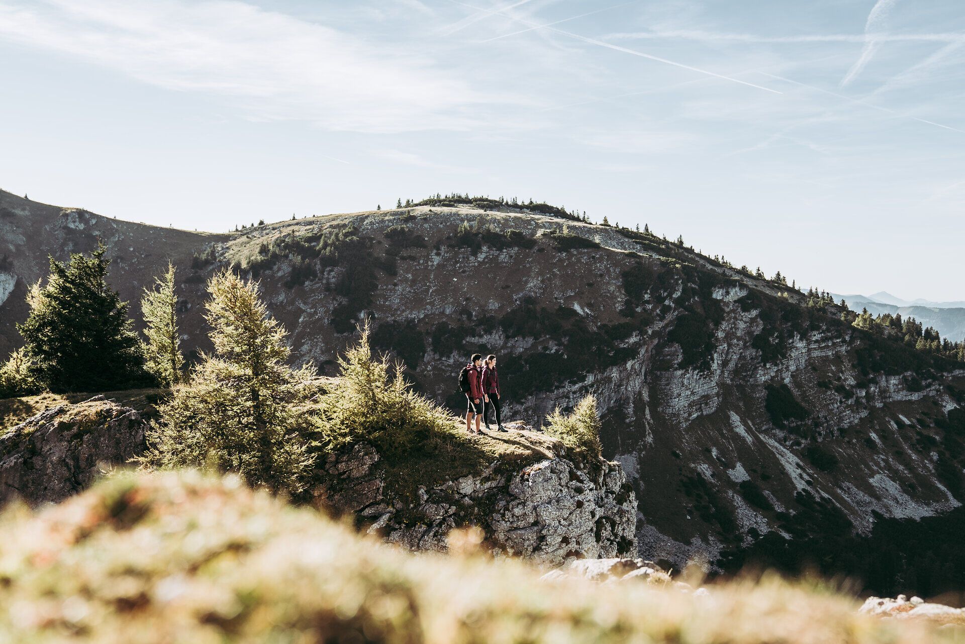 Die majestätischen Ybbstaler Alpen erheben sich stolz im Hintergrund, während zwei Wanderer auf dem schmalen Grat stehen und die atemberaubende Aussicht genießen. Umgeben von duftenden Nadelbäumen und dem klaren Himmel, spüren sie die Freiheit und die Ruhe der Natur.