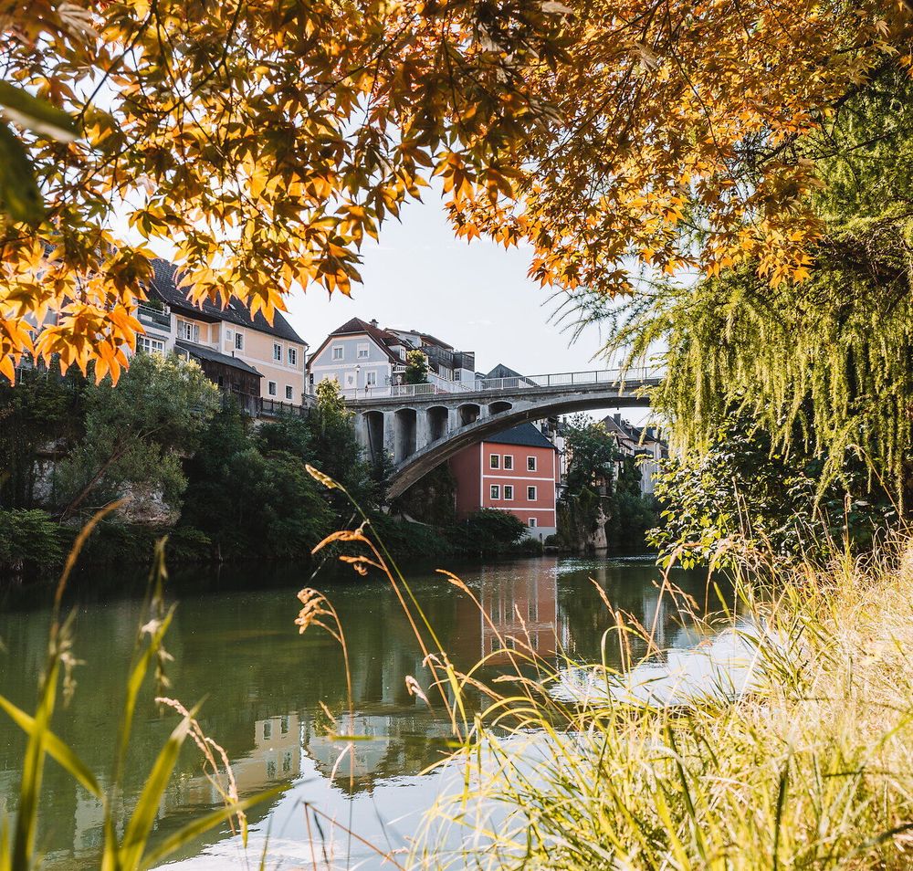 Blick von der Ybbsuferpromenade in Waidhofen an der Ybbs auf den Fluss mit herabhängenden Baumkronen im Vordergrund, Bogenbrücke und bunten Altstadthäusern, die sich im Wasser spiegeln.