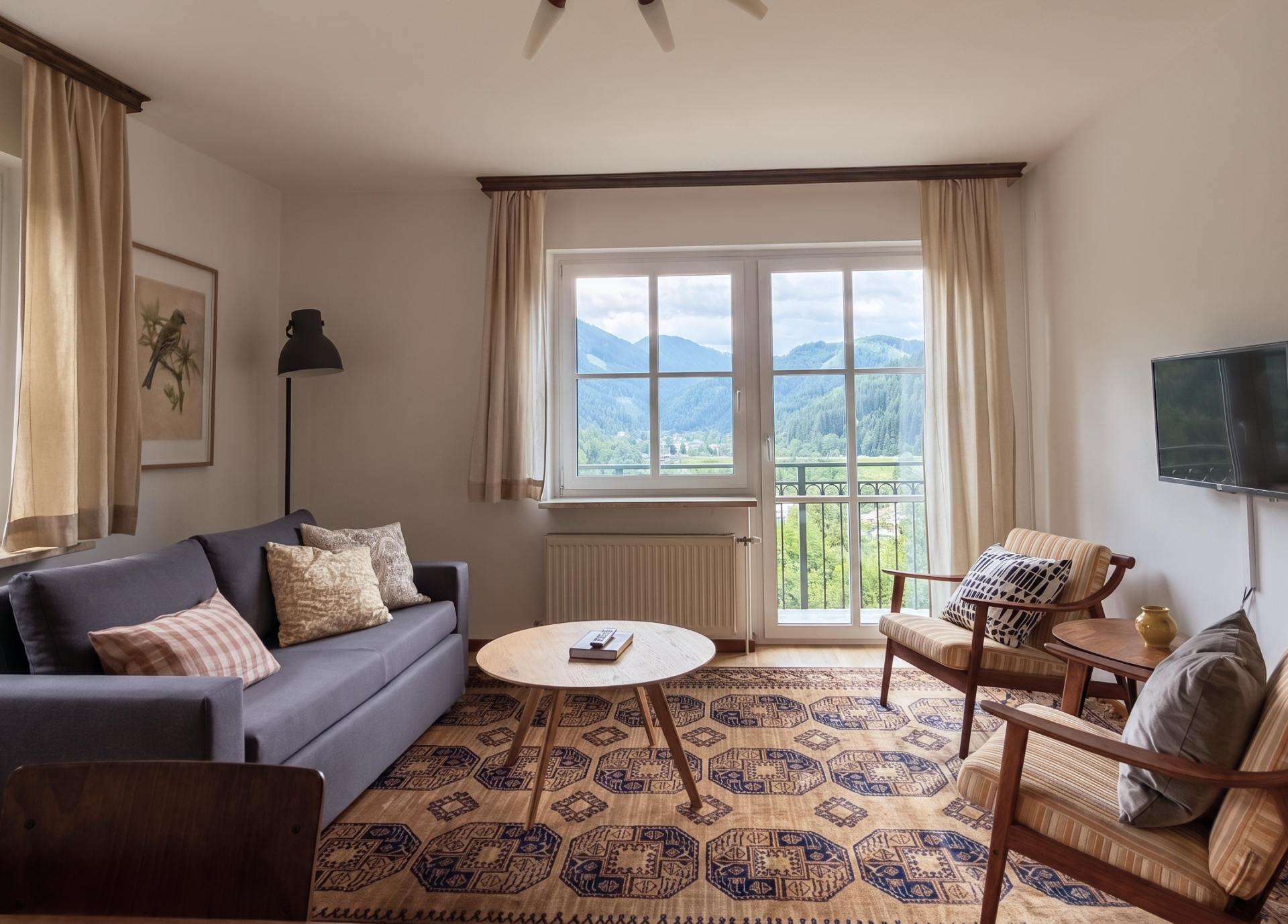 Gemütliches Wohnzimmer mit Sofa, Sesseln und großem Fenster mit Bergblick.