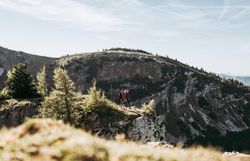 Die majestätischen Ybbstaler Alpen erheben sich stolz im Hintergrund, während zwei Wanderer auf dem schmalen Grat stehen und die atemberaubende Aussicht genießen. Umgeben von duftenden Nadelbäumen und dem klaren Himmel, spüren sie die Freiheit und die Ruhe der Natur.