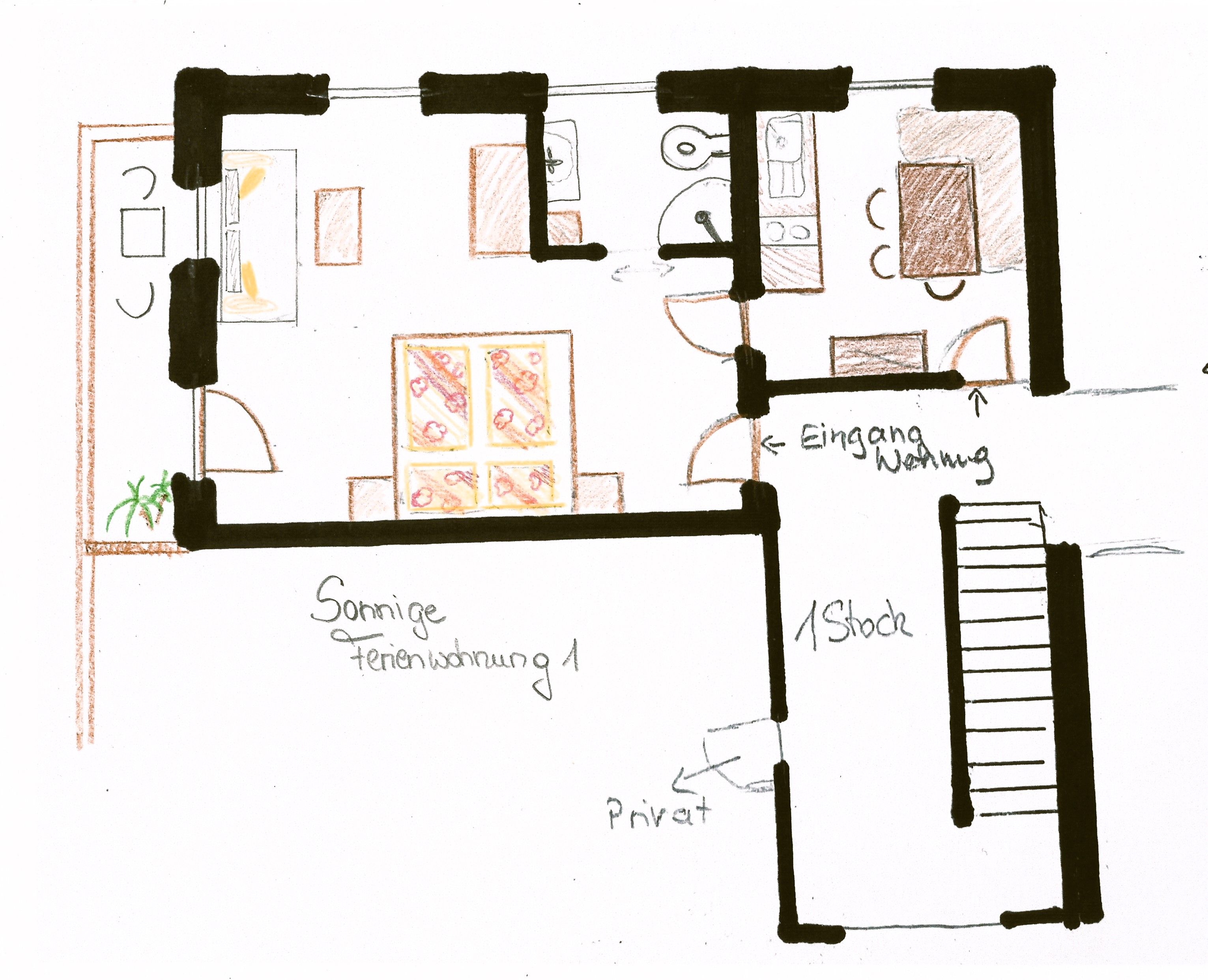 Handgezeichneter Grundriss einer Ferienwohnung mit Beschriftungen der Räume und Eingänge.