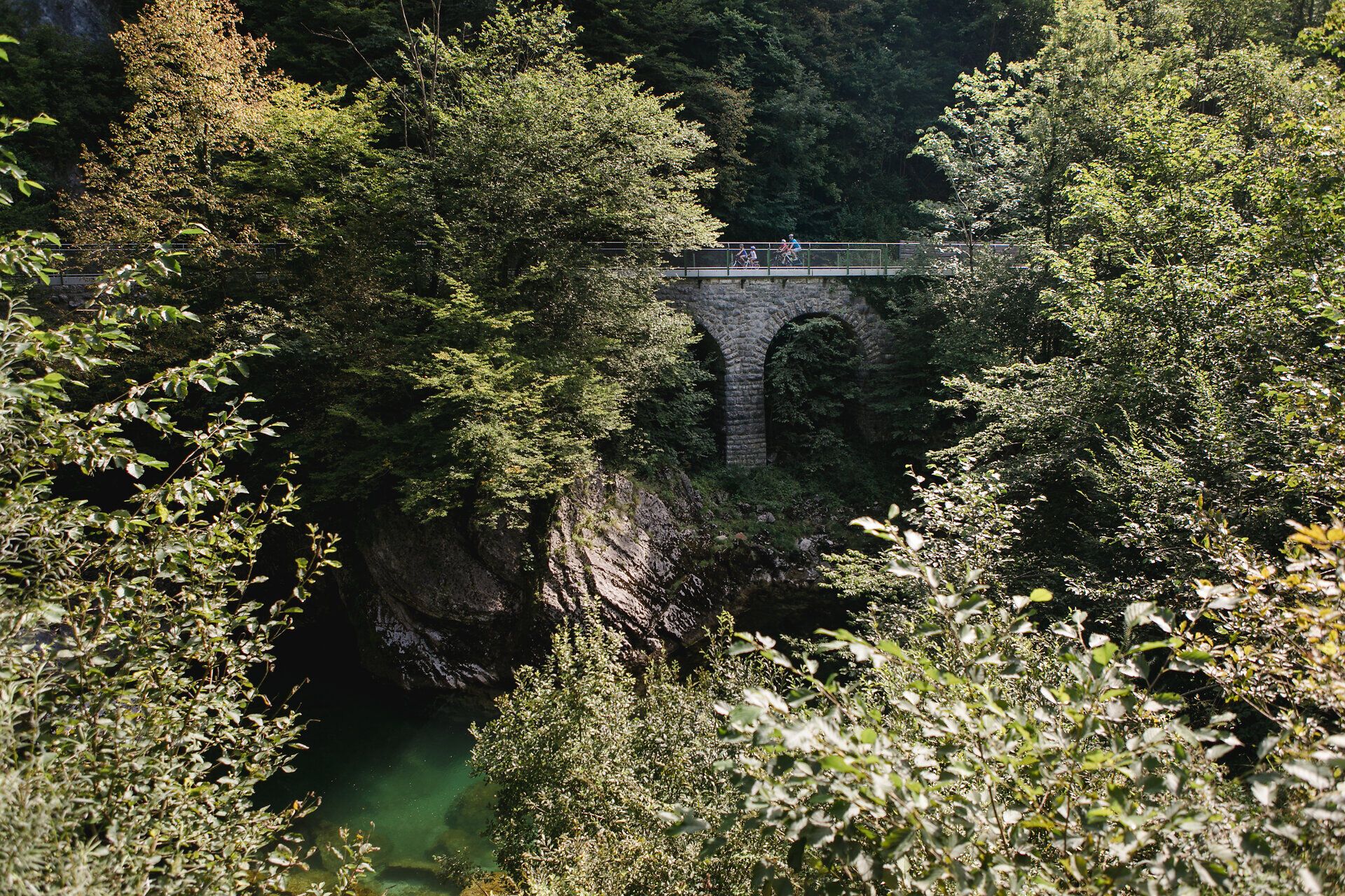 Ein malerischer Radweg schlängelt sich durch die üppige Natur, während die sanften Hügel im Hintergrund eine friedliche Kulisse bieten. Die dichte Vegetation und das glitzernde Wasser des Flusses schaffen eine harmonische Atmosphäre, die zum Verweilen einlädt.