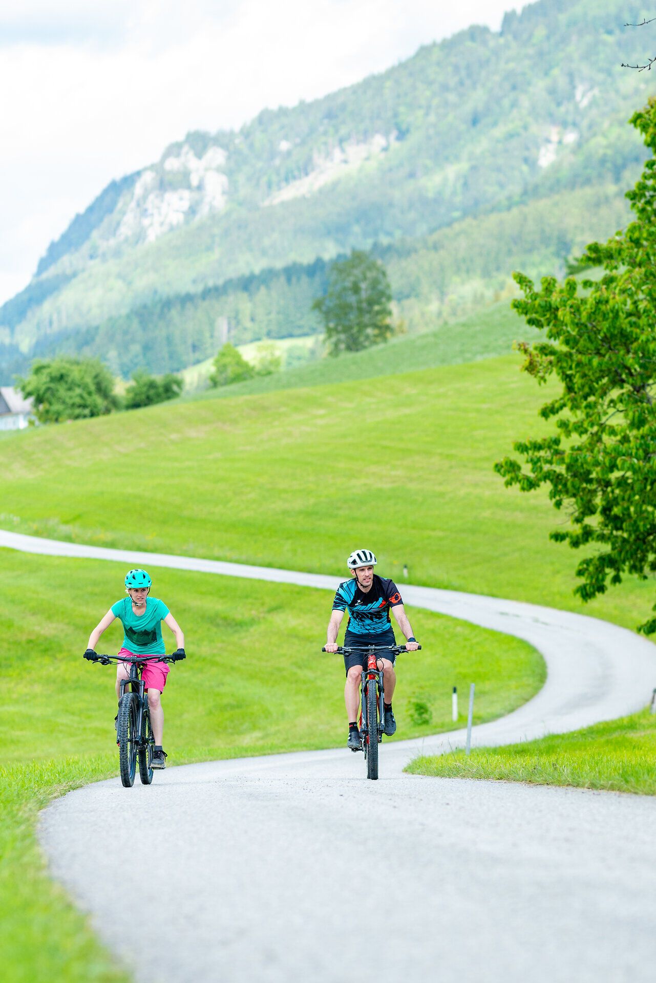 Zwei Radfahrer genießen die frische Bergluft und die atemberaubende Landschaft der Ybbstaler Alpen. Die sanften Hügel und das satte Grün der Wiesen laden zu unvergesslichen Erlebnissen in der Natur ein. Hier wird der Sommer in den Bergen zum wahren Genuss.