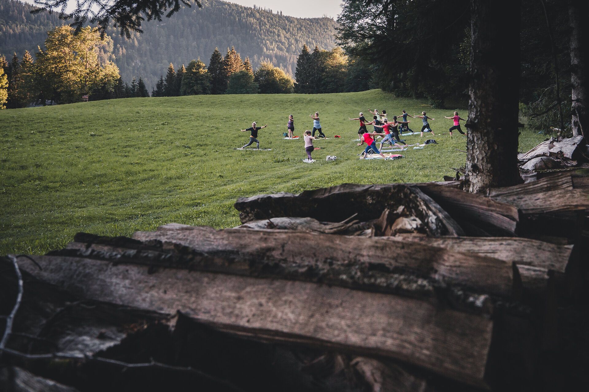 Inmitten der malerischen Landschaft des Ötschers praktizieren Menschen Yoga auf einer grünen Wiese, umgeben von majestätischen Bergen und sanften Hügeln. Die frische Bergluft und das sanfte Licht der Abendsonne schaffen eine harmonische Atmosphäre, die Körper und Geist belebt.