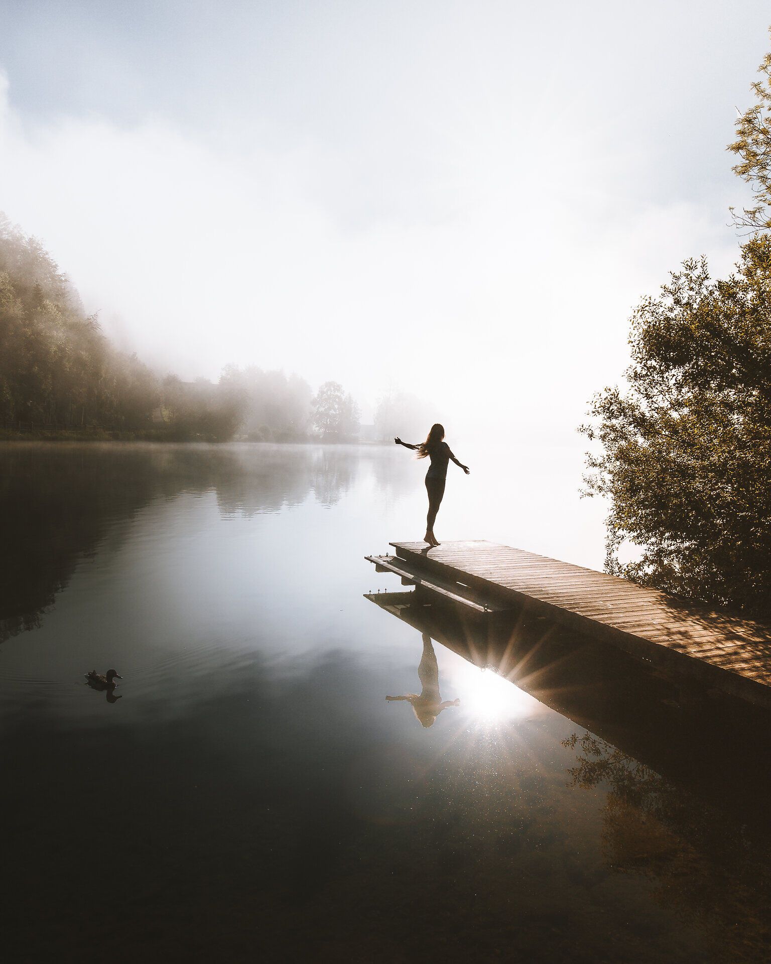 Ein sanfter Nebel umhüllt den ruhigen See, während die ersten Sonnenstrahlen die Wasseroberfläche küssen. Die silhouette einer Person auf dem Steg vermittelt ein Gefühl von Freiheit und Abenteuer in der unberührten Natur. Hier, wo die Stille der Morgenstunden mit der Schönheit der Landschaft verschmilzt, wird jeder Moment zu einem unvergesslichen Erlebnis.
