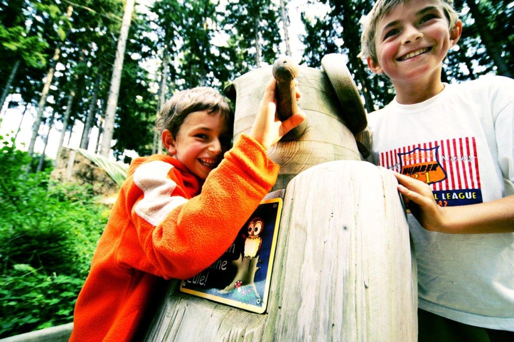 Zwei lachende Kinder spielen an einem Holzspielgerät im Wald.