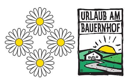 Logo von 'Urlaub am Bauernhof' mit vier Blumen als Auszeichnung.