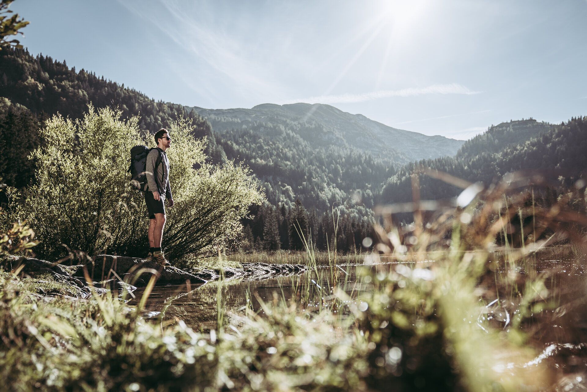 Ein Wanderer steht am Ufer eines glitzernden Sees, umgeben von majestätischen Bergen und üppigem Grün. Die sanften Strahlen der Sonne tauchen die Landschaft in ein warmes Licht und laden dazu ein, die frische Bergluft zu genießen. Hier, inmitten der Ybbstaler Alpen, entfaltet sich die Schönheit der Natur in voller Pracht.