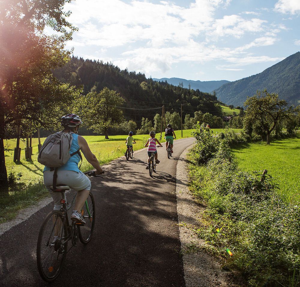 Eine Familie genießt einen sonnigen Tag auf dem Ybbstalradweg, umgeben von üppigem Grün und majestätischen Bergen. Die frische Luft und die sanften Hügel laden zu unvergesslichen Fahrradtouren ein, während die Kinder fröhlich lachen und die Natur erkunden.