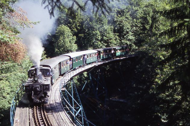 Dampflok zieht historische Waggons über eine Brücke im Wald.