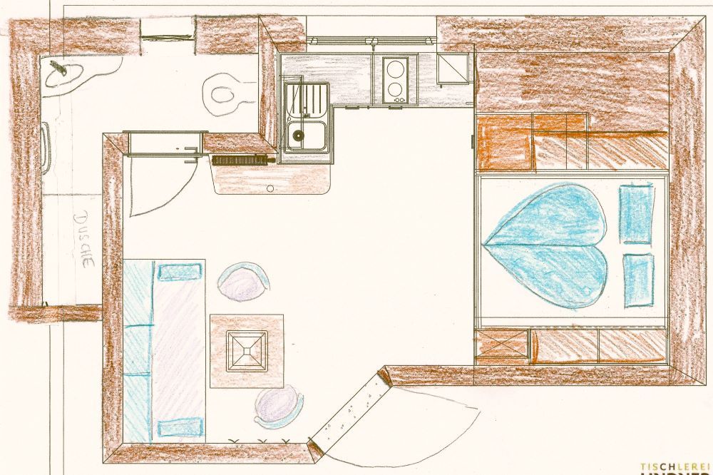 Grundriss eines kleinen Apartments mit Küche, Wohnzimmer, Schlafzimmer und Dusche.